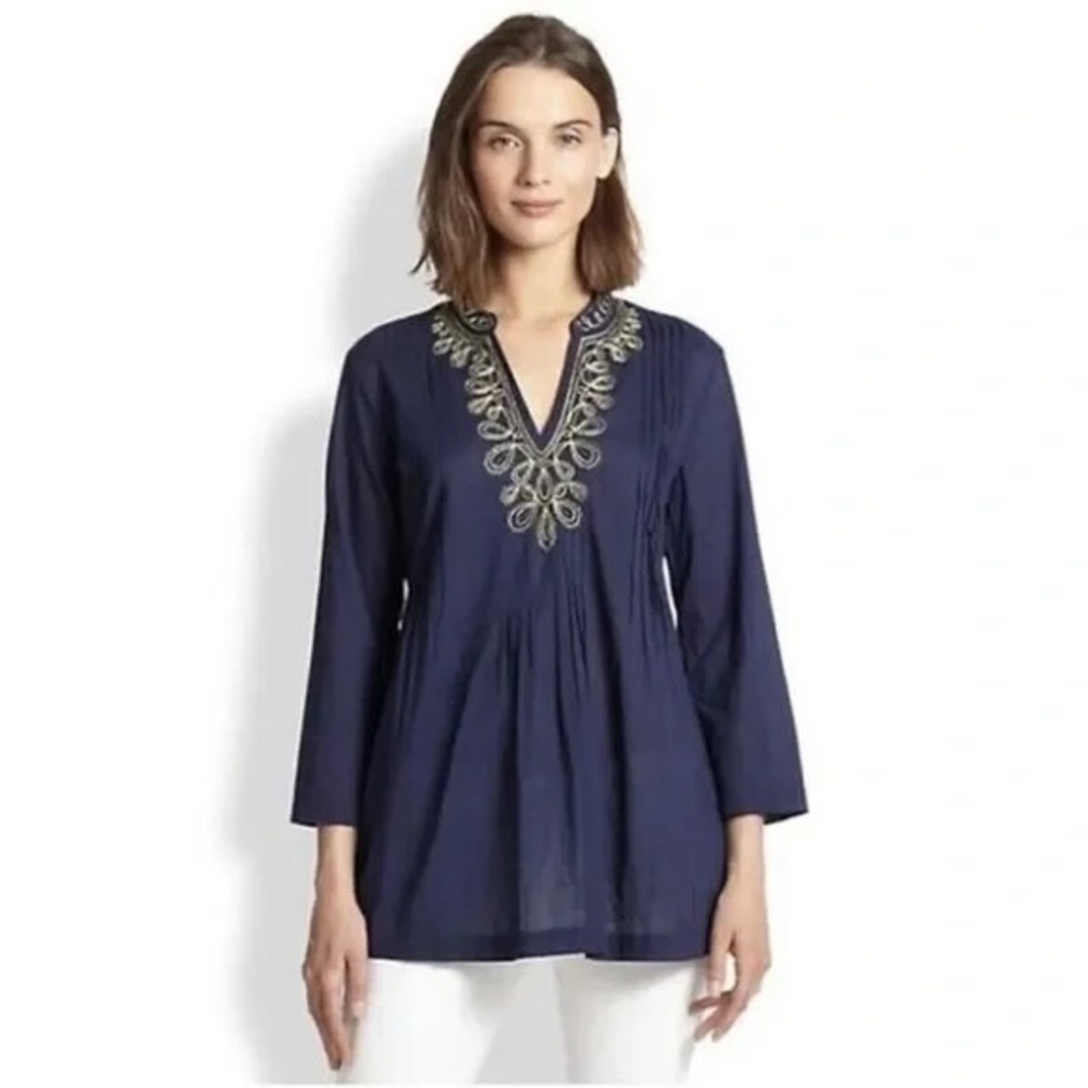 Lilly Pulitzer Sarasota Navy Gold Trim Tunic Blouse Size Small